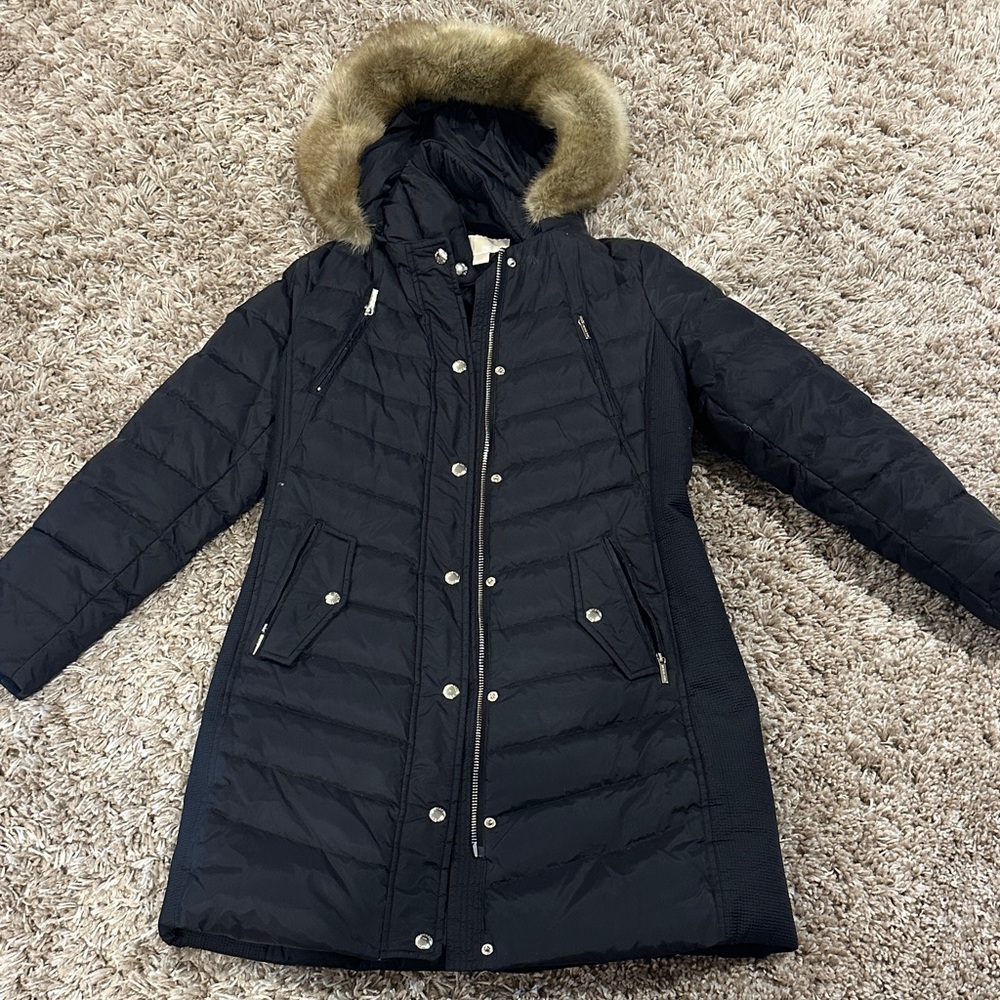 Women's Michael Kors Black Quilted Parka with Faux Fur Hood